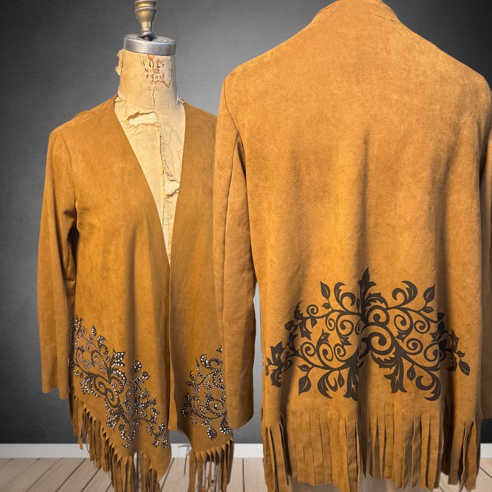 Vintage Vocal made in USA Brown Fringe Cardigan with Black Floral Design